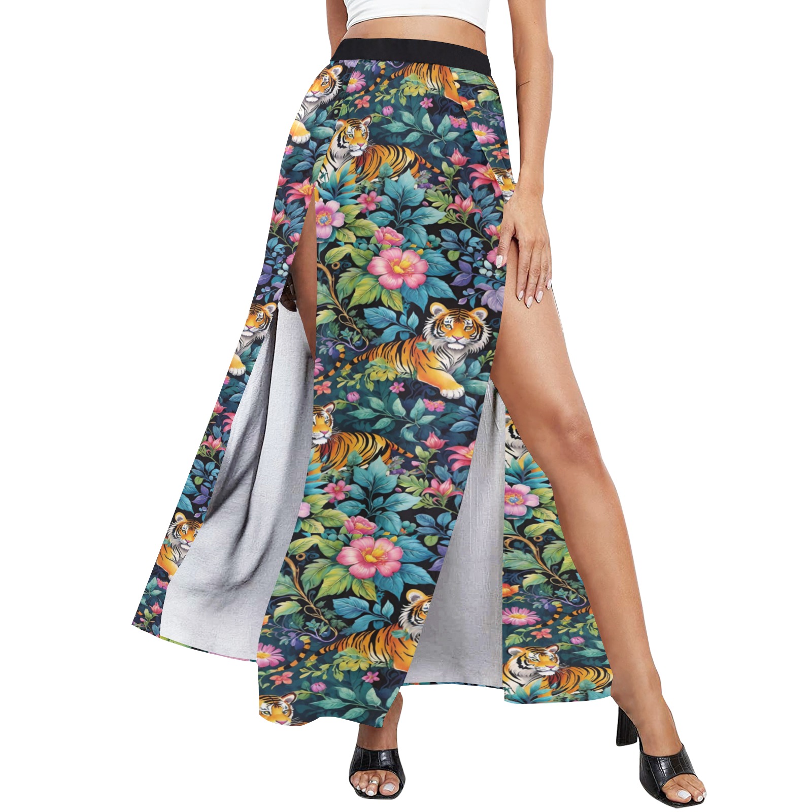 Jungle Tigers and Tropical Flowers Pattern High Slit Long Beach Dress (Model S40)