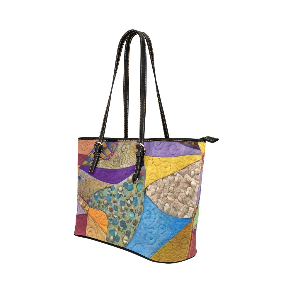 Boho Aesthetic Simulated Quilt Artwork Leather Tote Bag/Large (Model 1651)