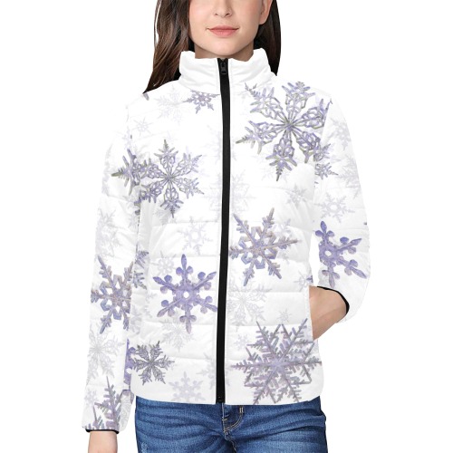 Snowflakes Winter Christmas on white Women's Stand Collar Padded Jacket (Model H41)