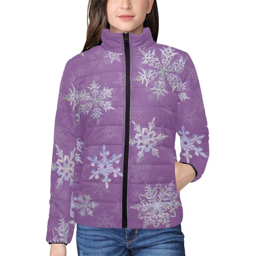 Snowflakes Winter Christmas on purple Women's Stand Collar Padded Jacket (Model H41)