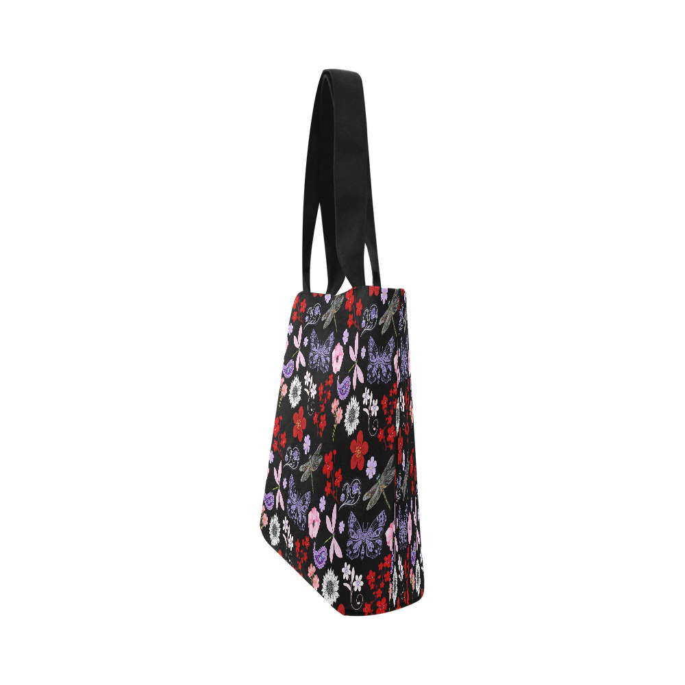 Black, Red, Pink, Purple, Dragonflies, Butterfly and Flowers Design Canvas Tote Bag (Model 1657)