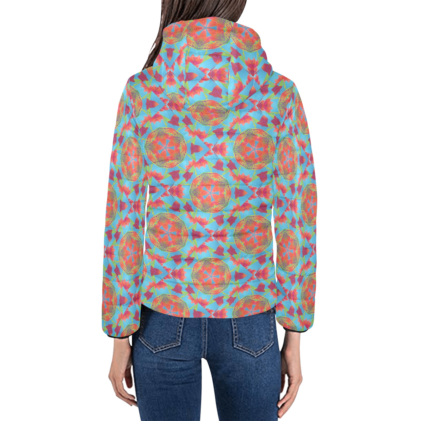 Floral Geometric Hoody Women's Padded Hooded Jacket (Model H46)