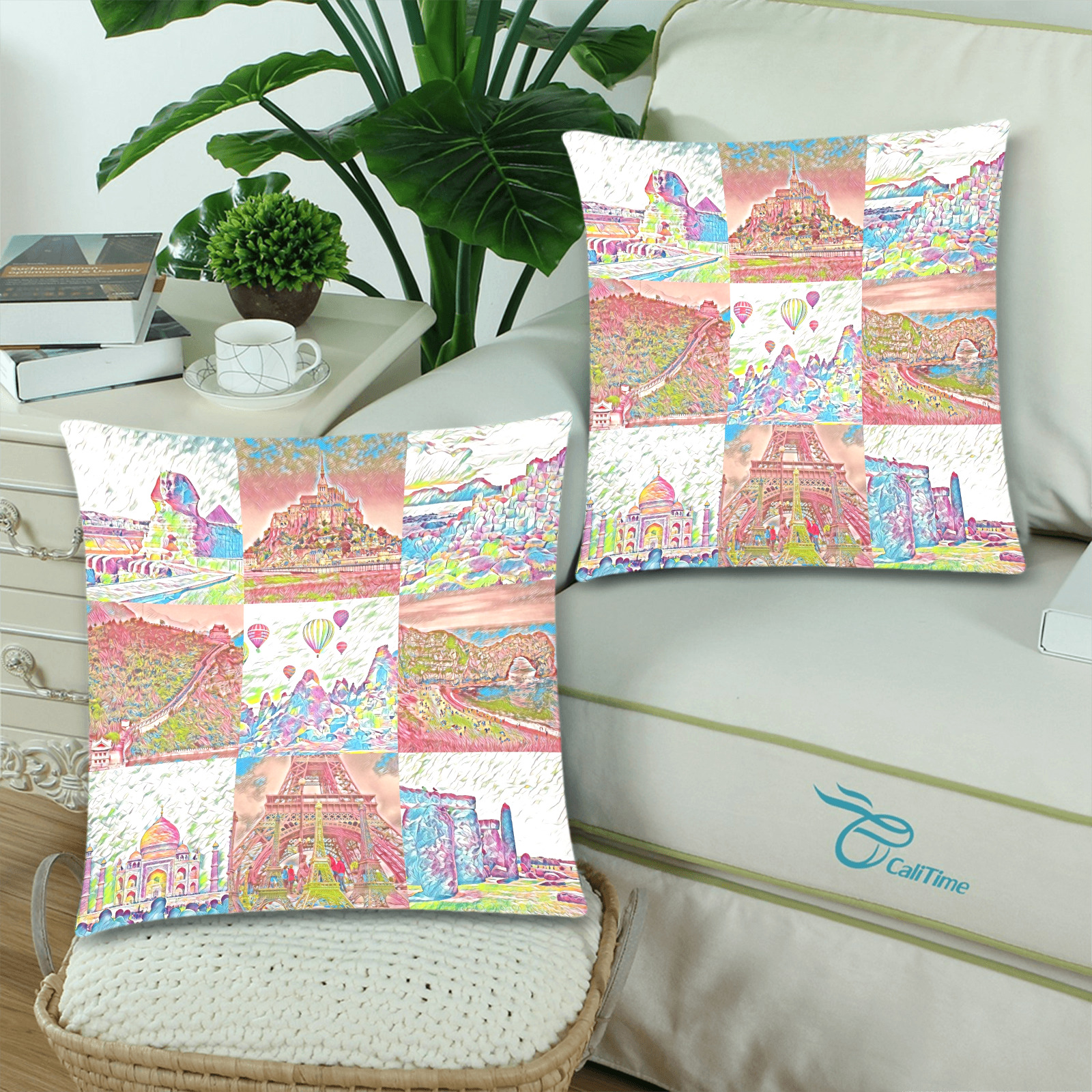 Second Pink and White World Travel Collage Custom Zippered Pillow Cases 18"x 18" (Twin Sides) (Set of 2)