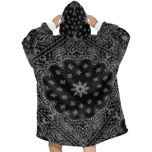 Black Bandanna Pattern / White Cuff Blanket Hoodie for Women