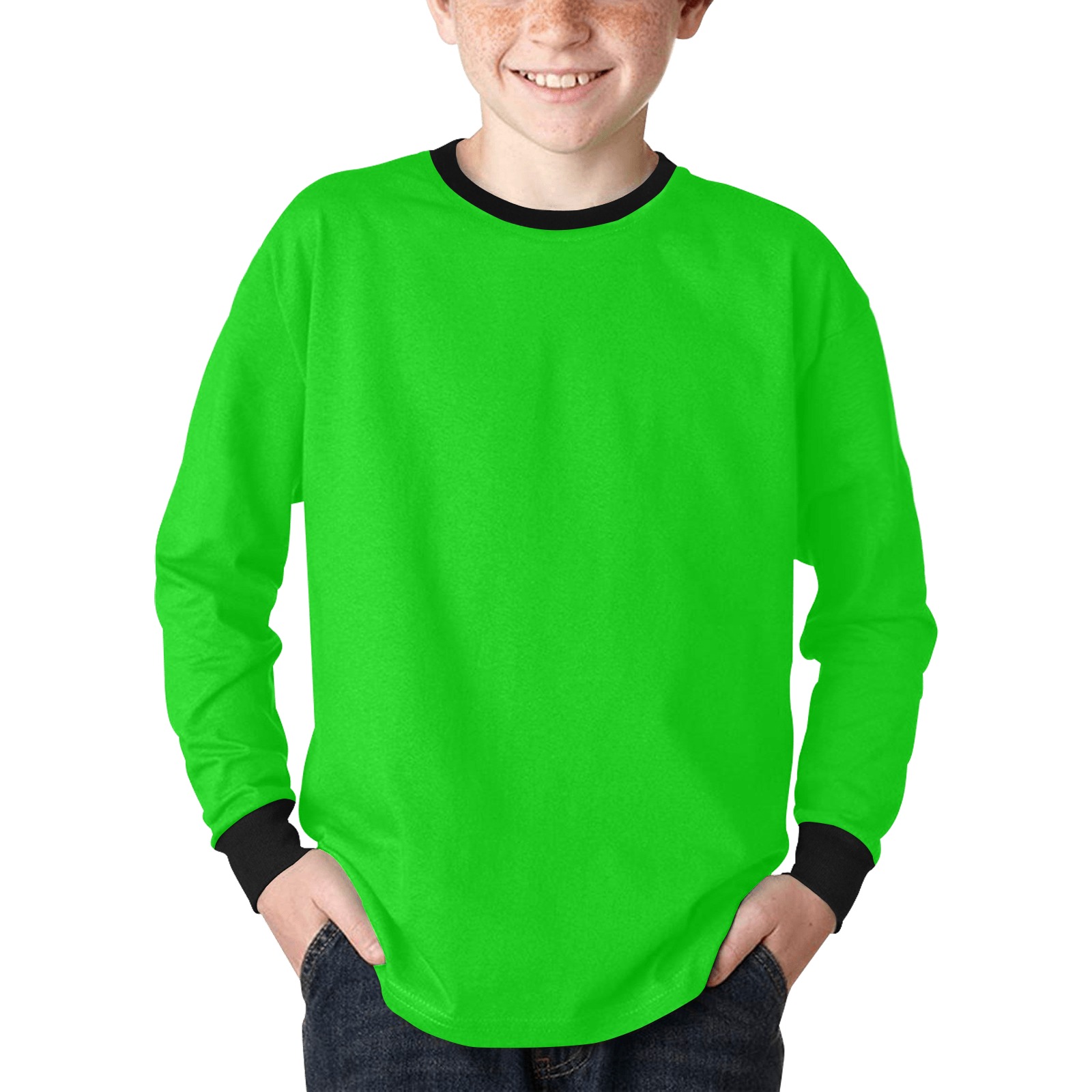 Merry Christmas Green Solid Color Kids' Rib Cuff Long Sleeve T-shirt (Model T64)