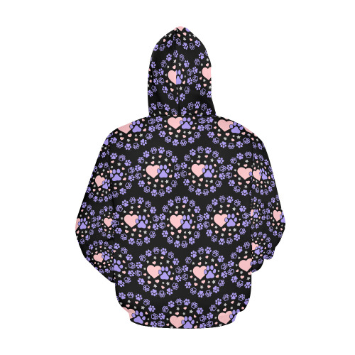 Pink and Purple Dog Cat Pet Lovers Hearts and Stars Paw Print Design All Over Print Hoodie for Women (USA Size) (Model H13)