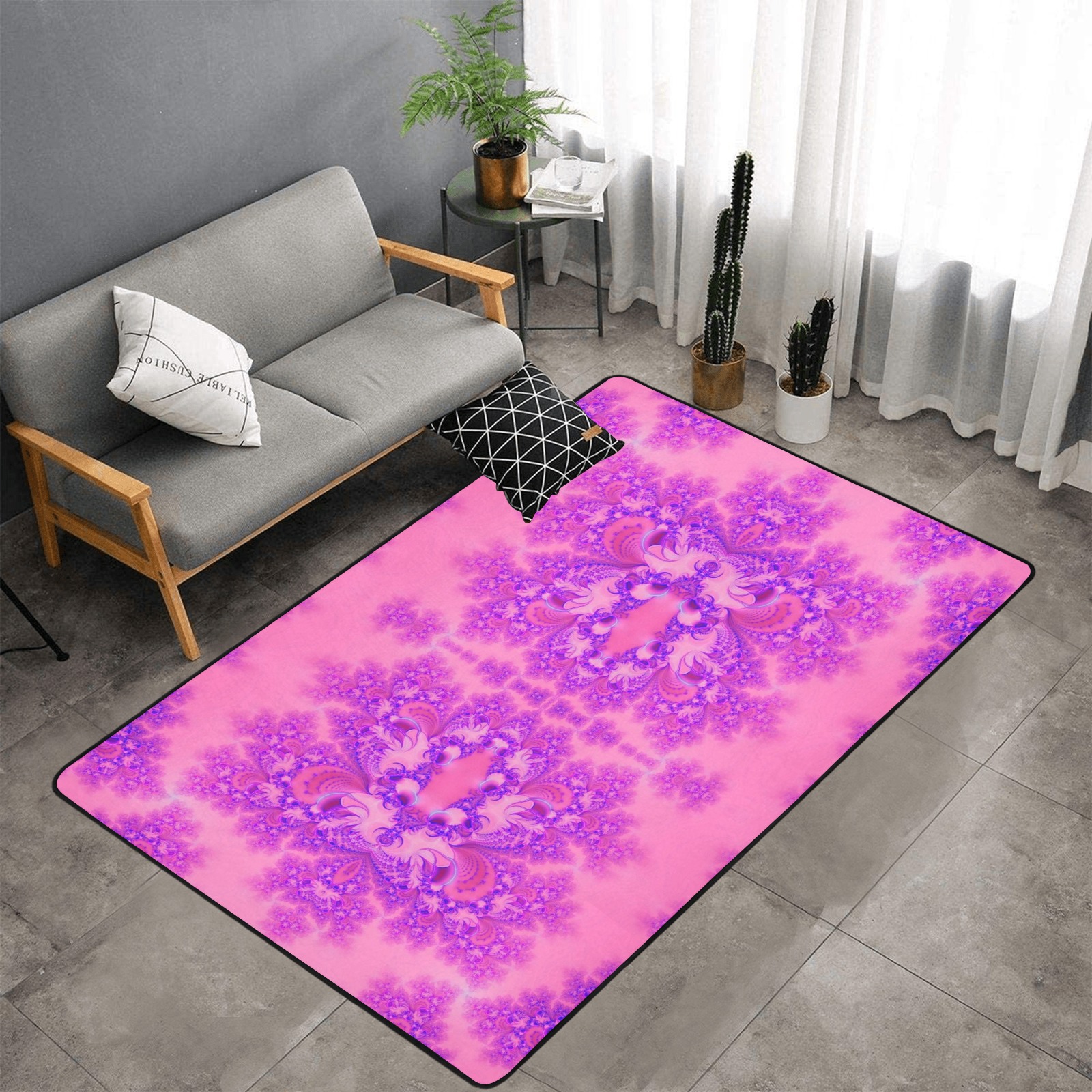 Purple and Pink Hydrangeas Frost Fractal Area Rug with Black Binding 7'x5'