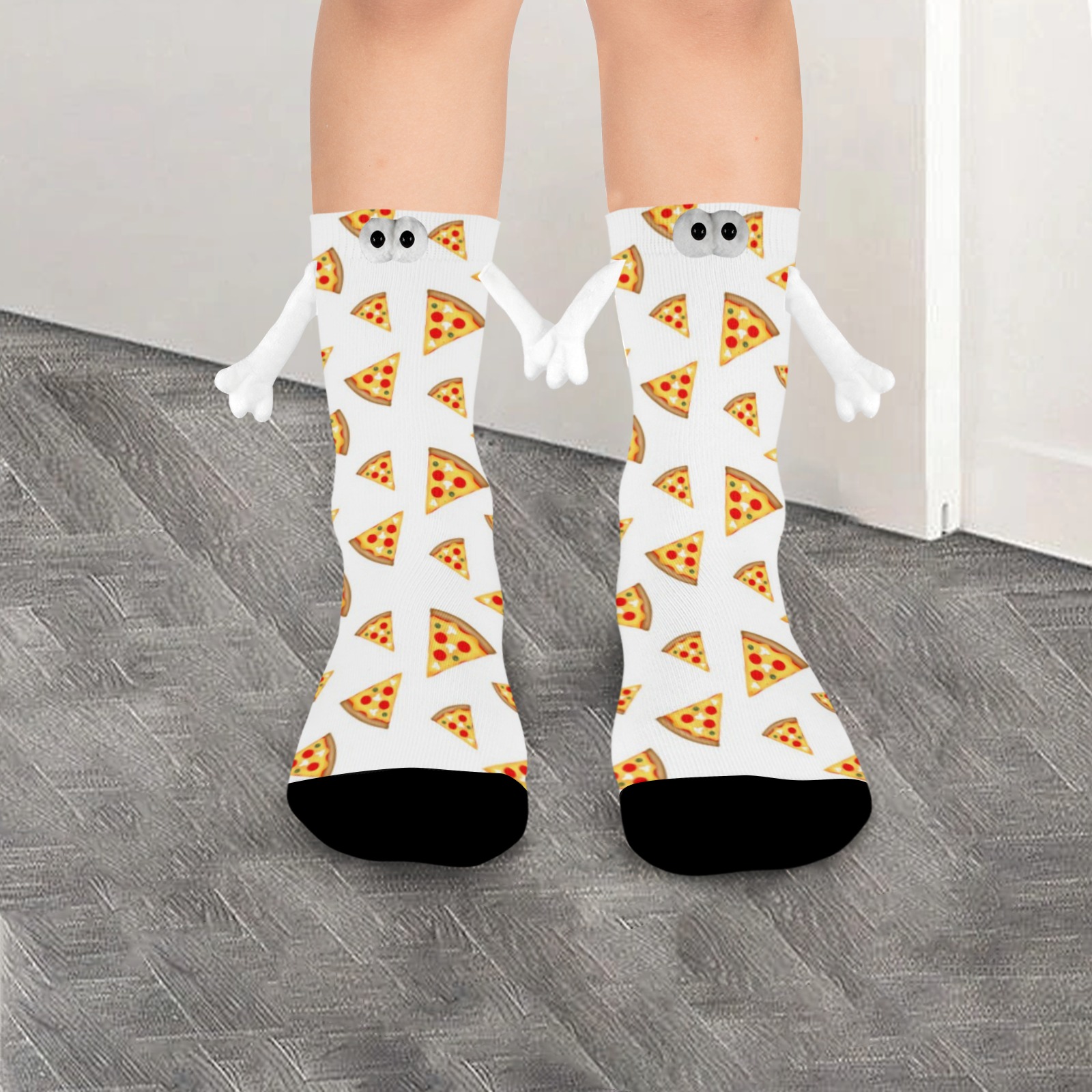 Cool and fun pizza slices pattern on white Holding Hands Socks for Kids