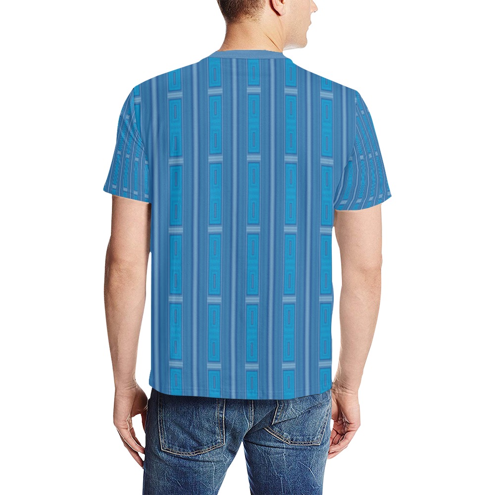 Blue Patterned Stripes Men's All Over Print T-Shirt (Solid Color Neck) (Model T63)