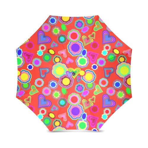 Groovy Hearts and Flowers Red Foldable Umbrella (Model U01)
