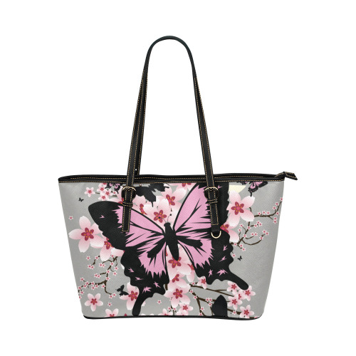 Cherry Blossom Butterflies Leather Tote Bag/Small (Model 1651)