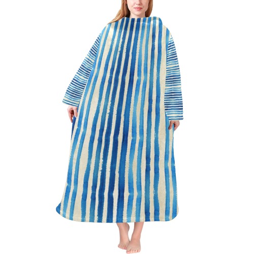 Watercolor STRIPES grunge pattern - blue Blanket Robe with Sleeves for Adults