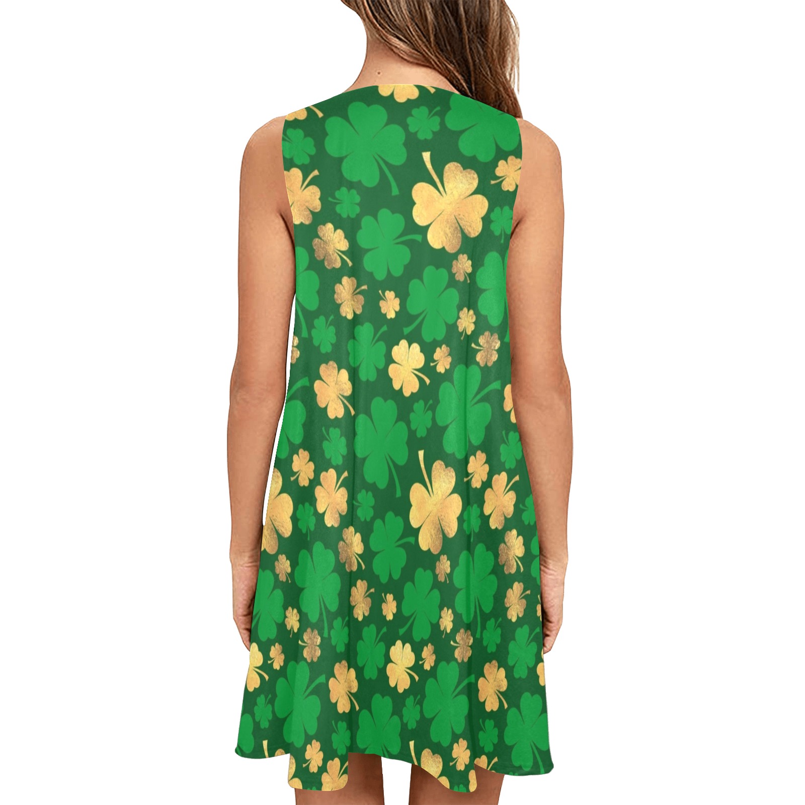 St Patrick's Day - Gold and Green (13) Sleeveless A-Line Pocket Dress (Model D57)