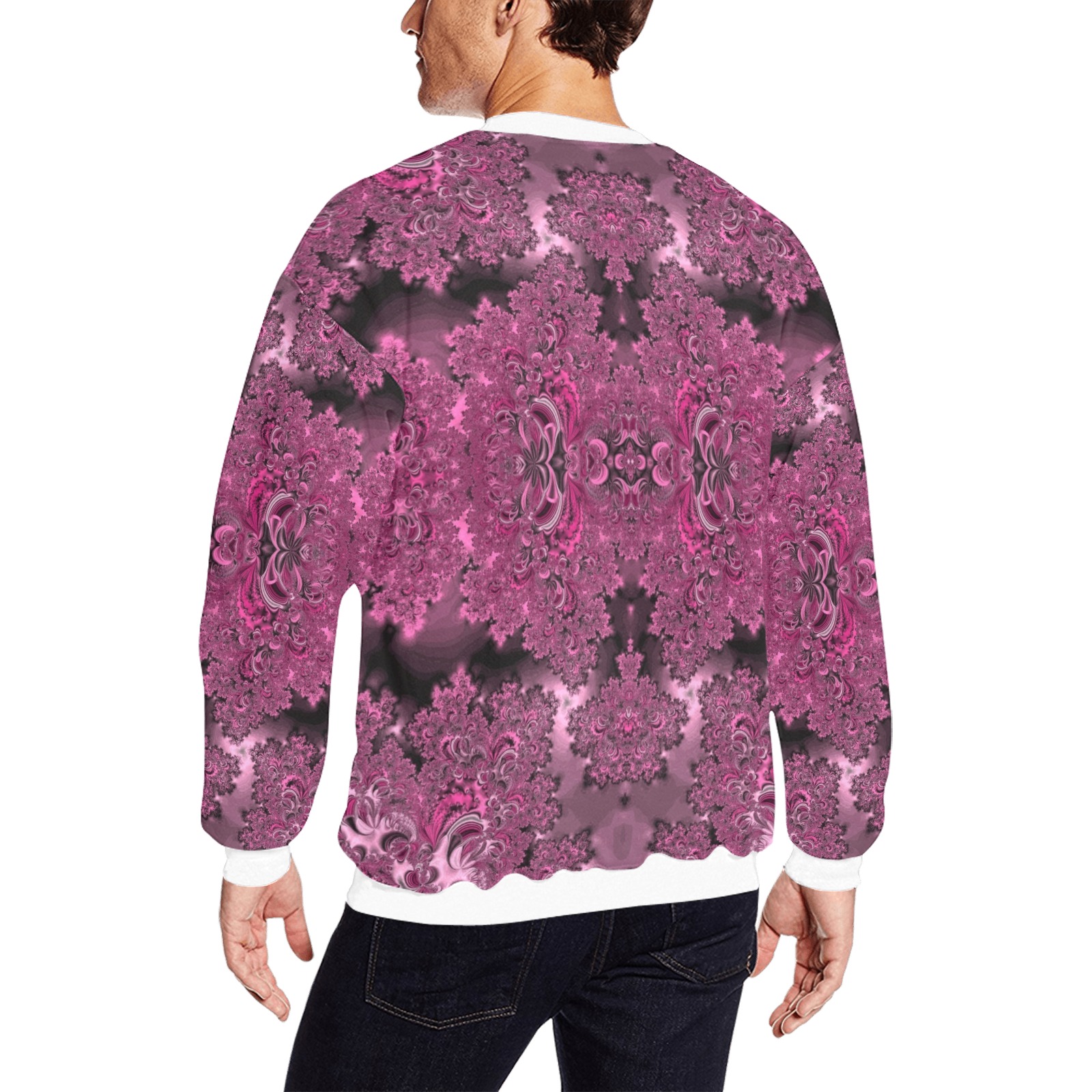 Pink Azalea Bushes Frost Fractal All Over Print Crewneck Sweatshirt for Men (Model H18)