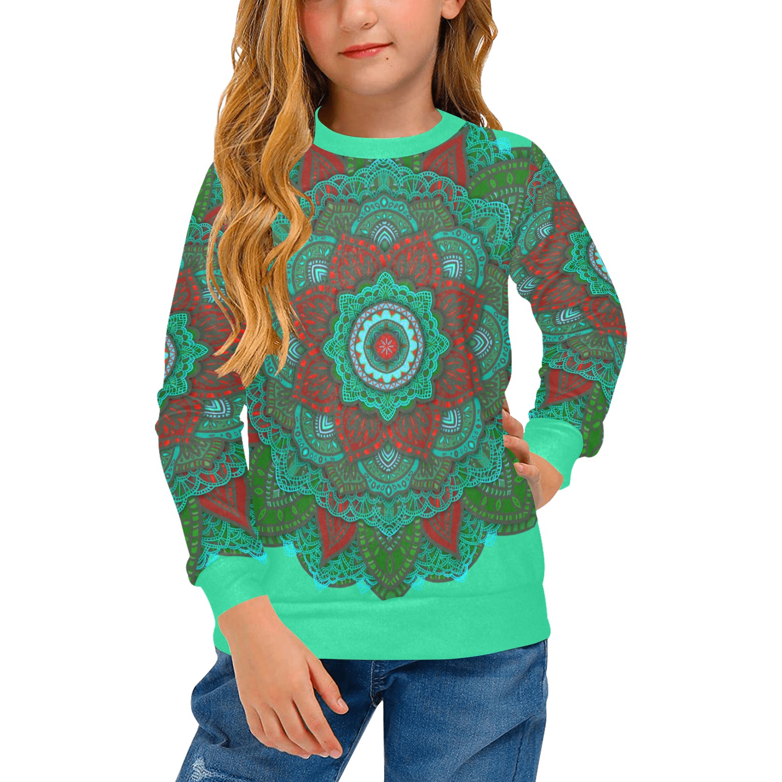 Crazy Green Turquoise and Red Mandala Girls' All Over Print Crew Neck Sweater (Model H49)