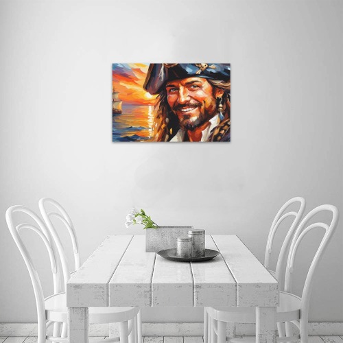 Smiling pirate captain, sailboat, ocean sunset. Upgraded Canvas Print 18"x12"
