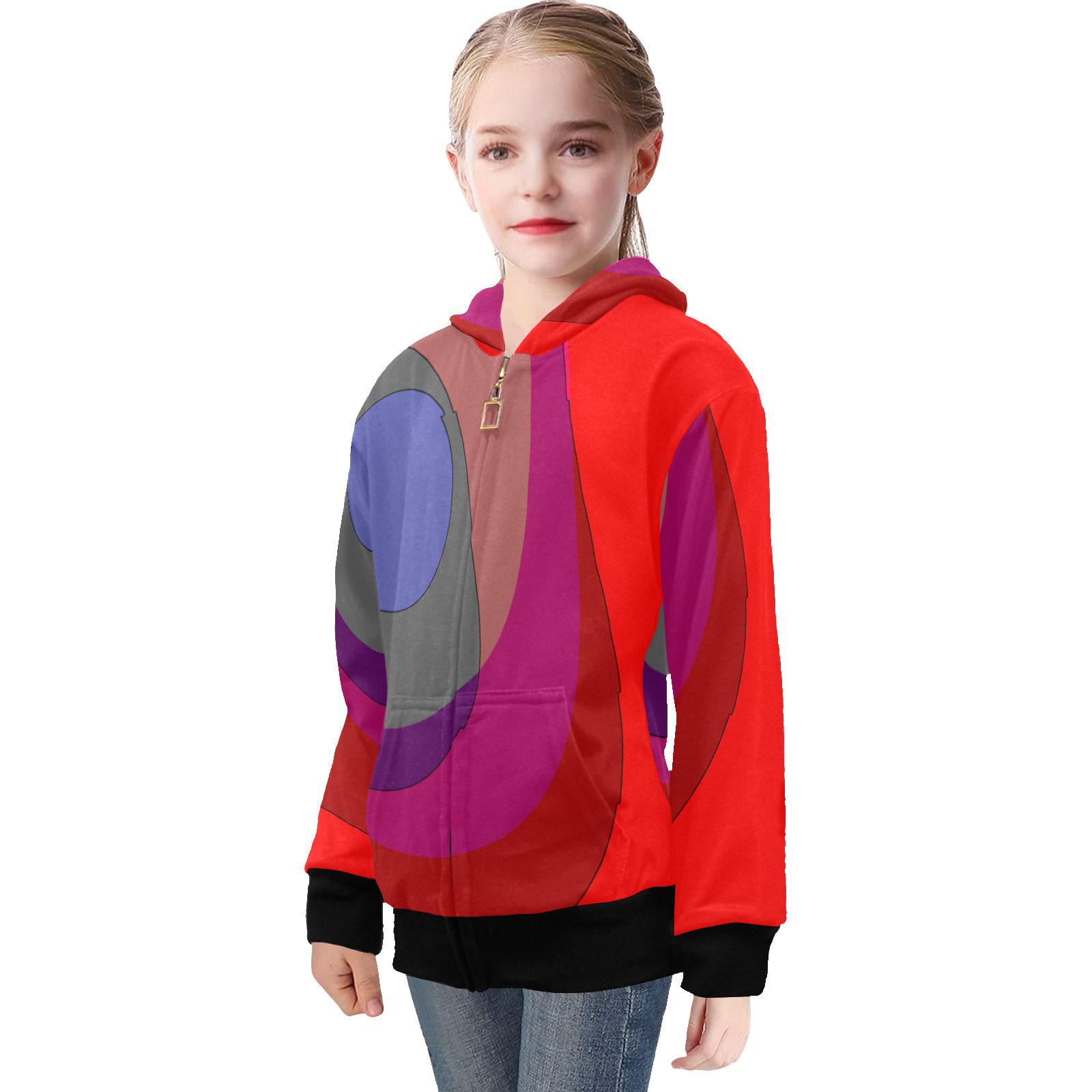 Red Abstract 714 Big Girls' Zip Up Hoodie (Model H58)