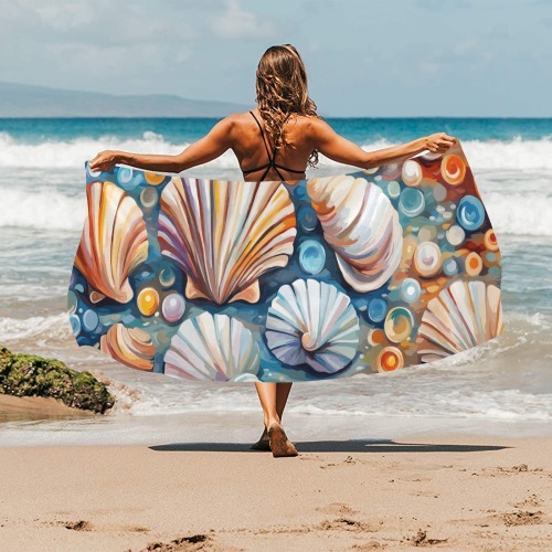 Fantasy shells, conches, pearls, colorful art. Beach Towel 32"x 71"