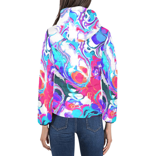 Blue White Pink Liquid Flowing Marbled Ink Abstract Women's Padded Hooded Jacket (Model H46)