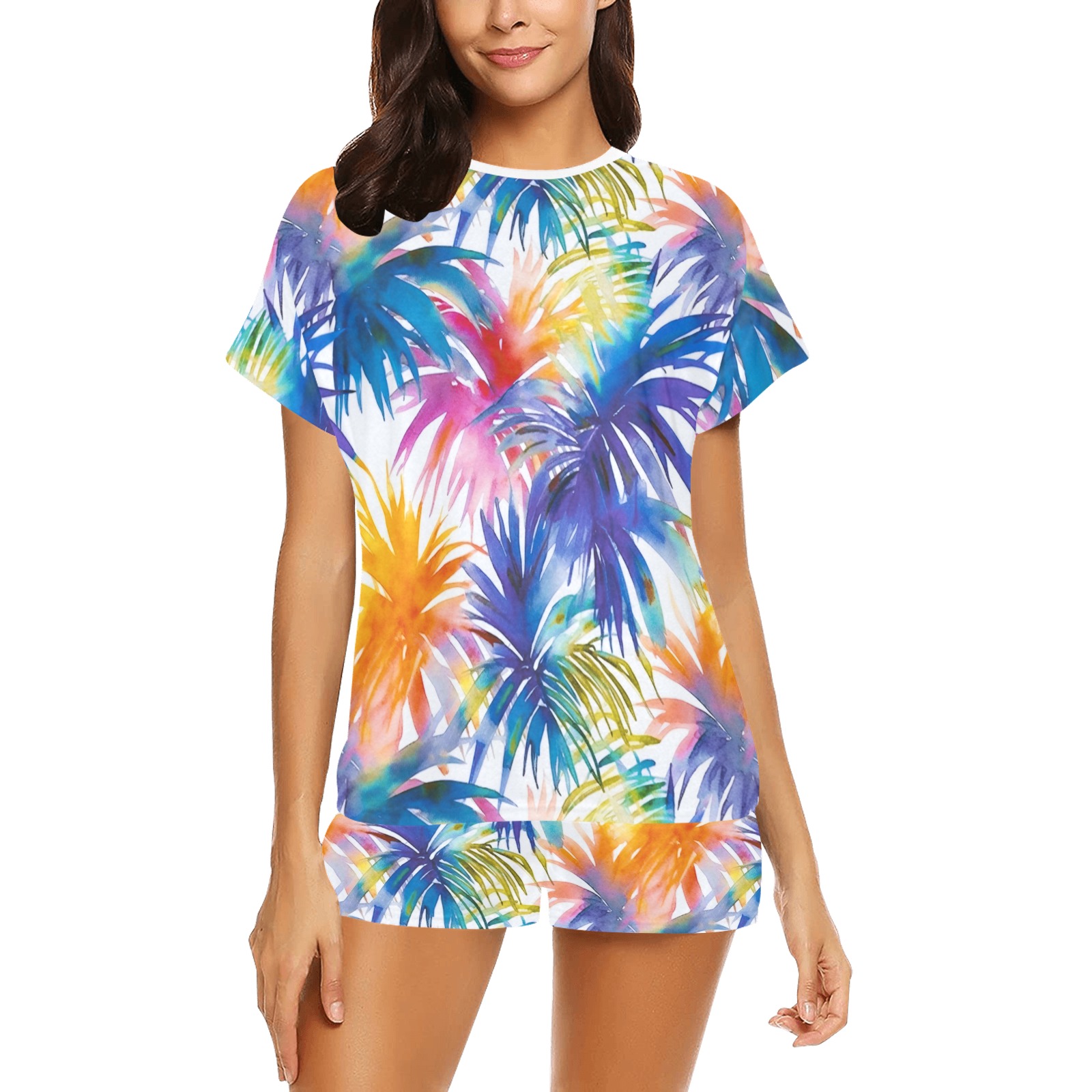 Colorful Tropical Palm Leaves W Women's Short Pajama Set