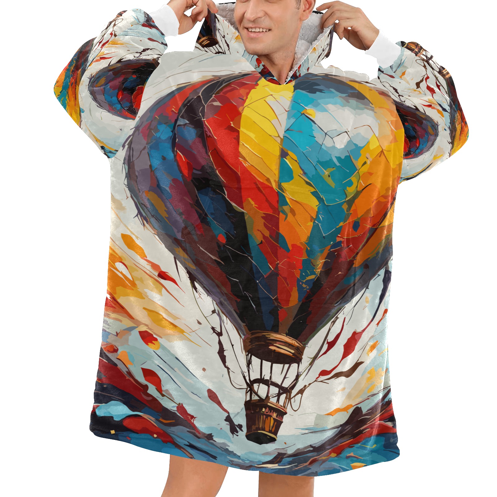 Fantasy hot air balloon in flight colorful art. Blanket Hoodie for Men