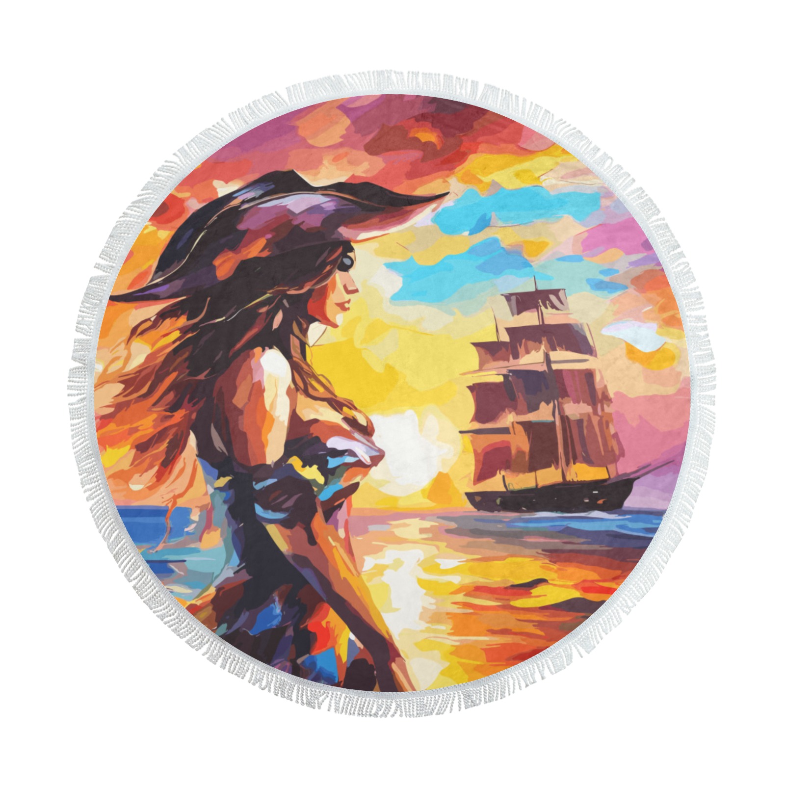 Cool pirate lady waits for her captain by the sea. Circular Beach Shawl Towel 59"x 59"