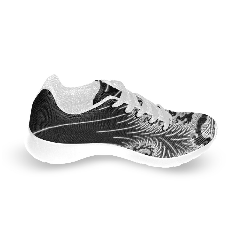 White and Silver Lace on Black Fractal Abstract Men’s Running Shoes (Model 020)