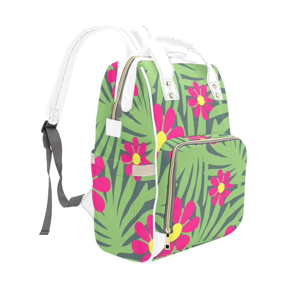Pink Exotic Paradise Jungle Flowers and Leaves Multi-Function Diaper Backpack/Diaper Bag (Model 1688)