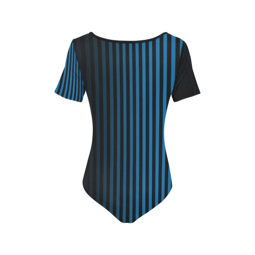 Stripes Fade Blue, Black Women's Short Sleeve Bodysuit