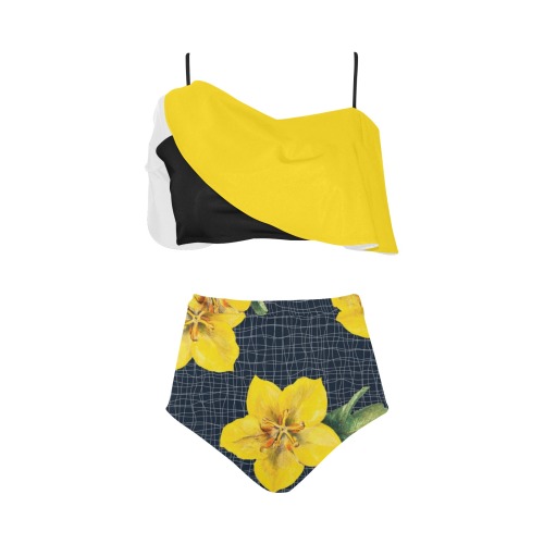 yellow flora print copy High Waisted Ruffle Bikini Set (Model S13)