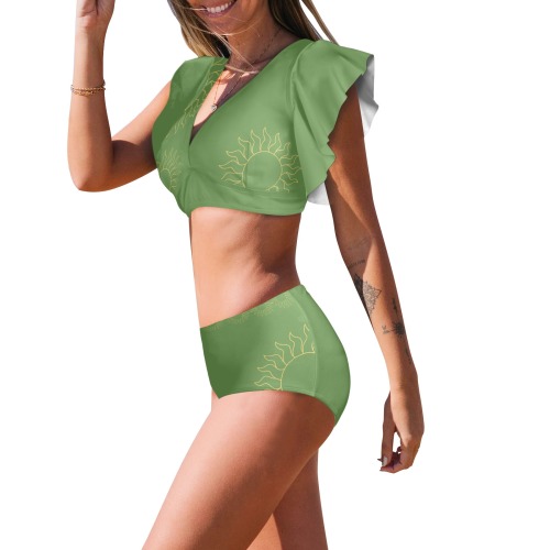 Sun Woman's Swimwear Two Piece Green Women's Ruffle Sleeve Bikini Swimsuit (Model S42)