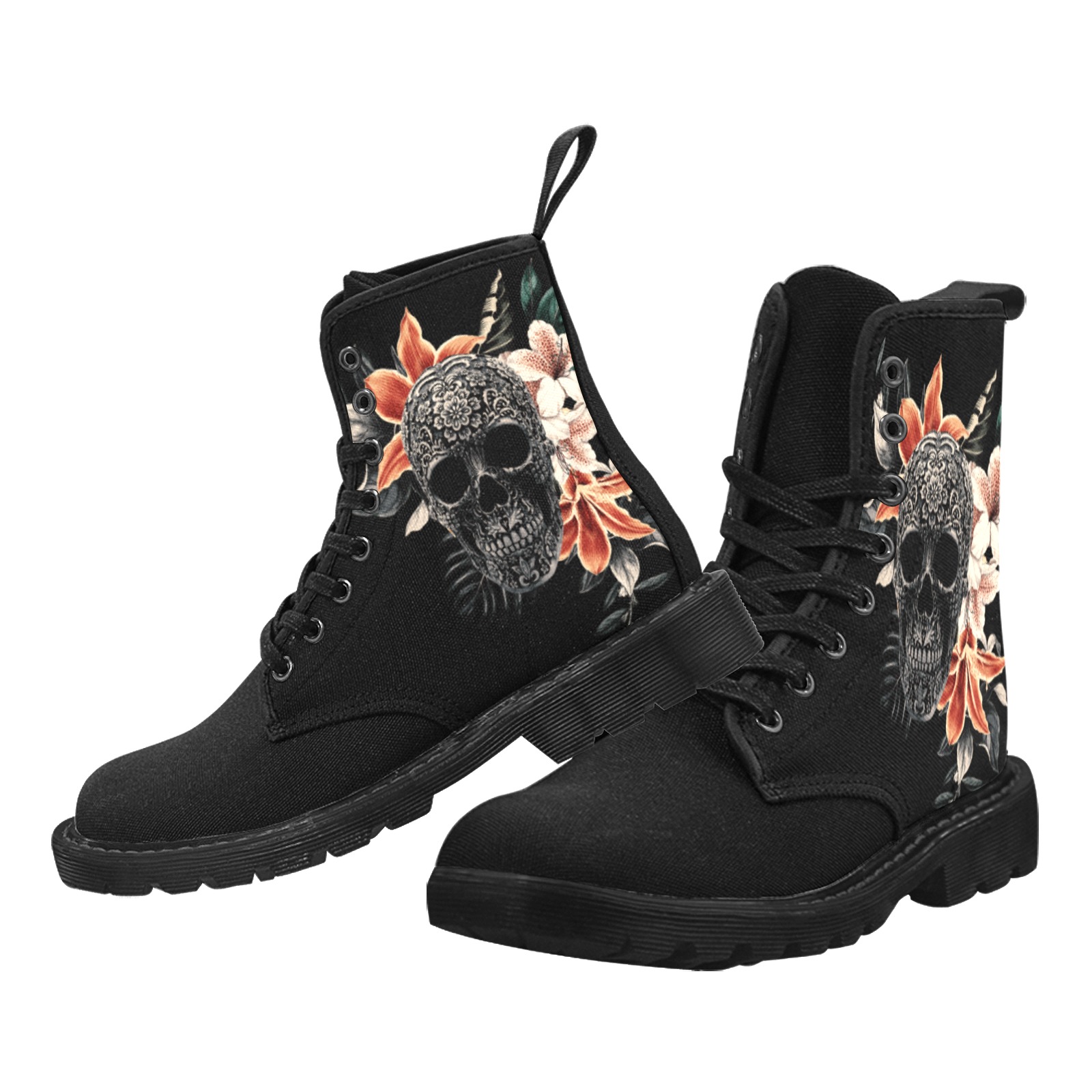 Floral Dark Skull Martin Boots for Women (Black) (Model 1203H)