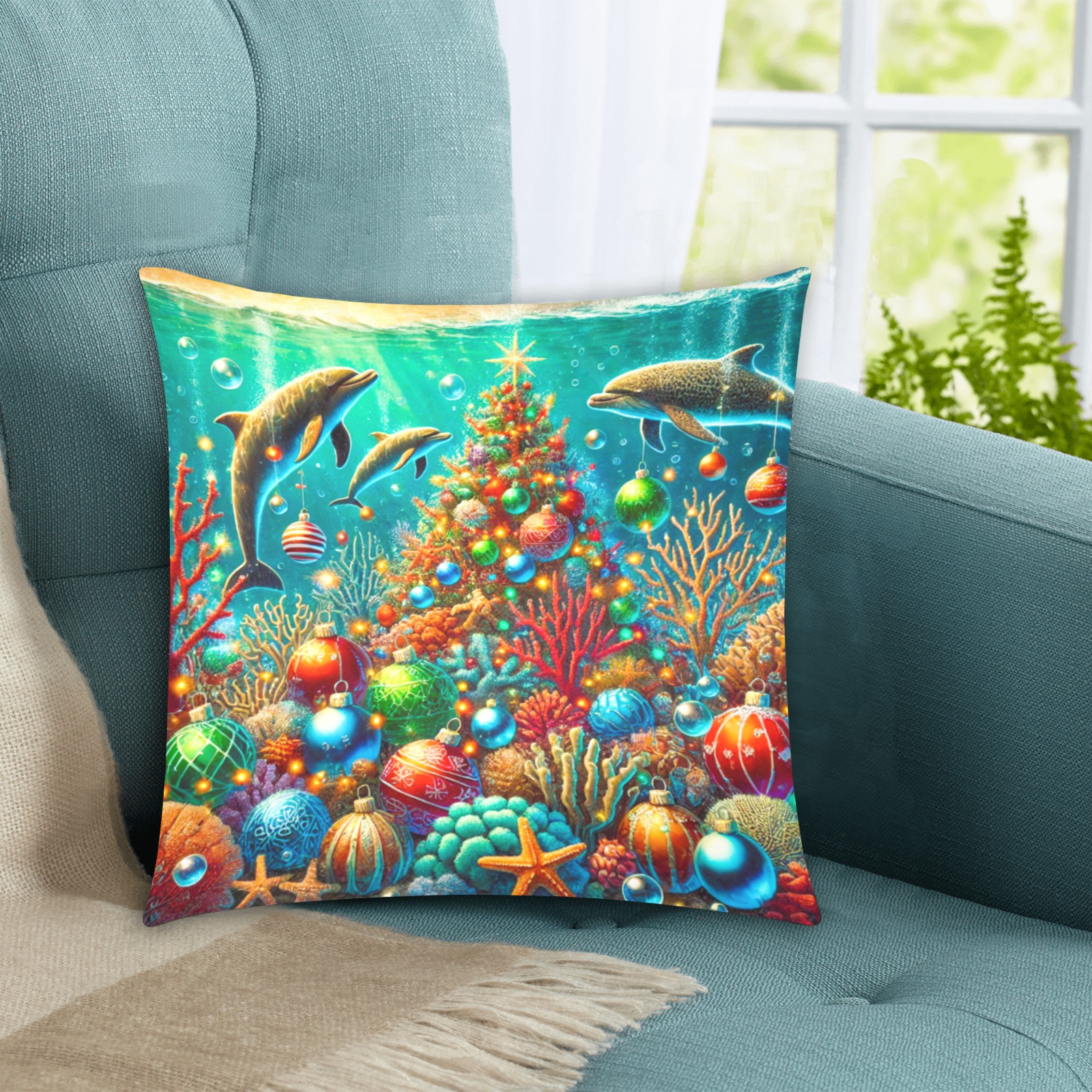 Underwater Christmas Custom Zippered Pillow Cases 16"x16" (Two Sides)