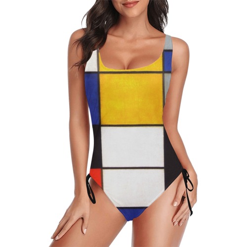 Composition A by Piet Mondrian Drawstring Side One-Piece Swimsuit (Model S14)