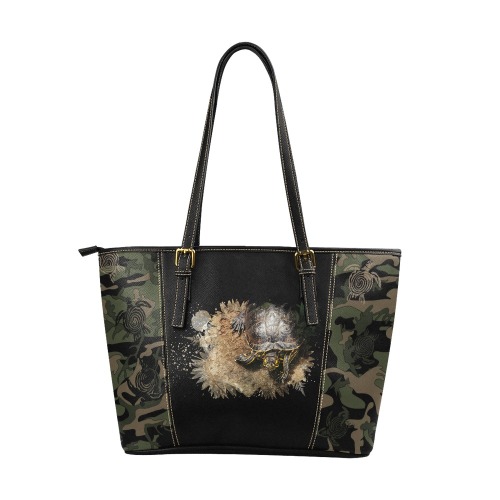 Camo Turtle Leather Tote Leather Tote Bag/Large (Model 1640)