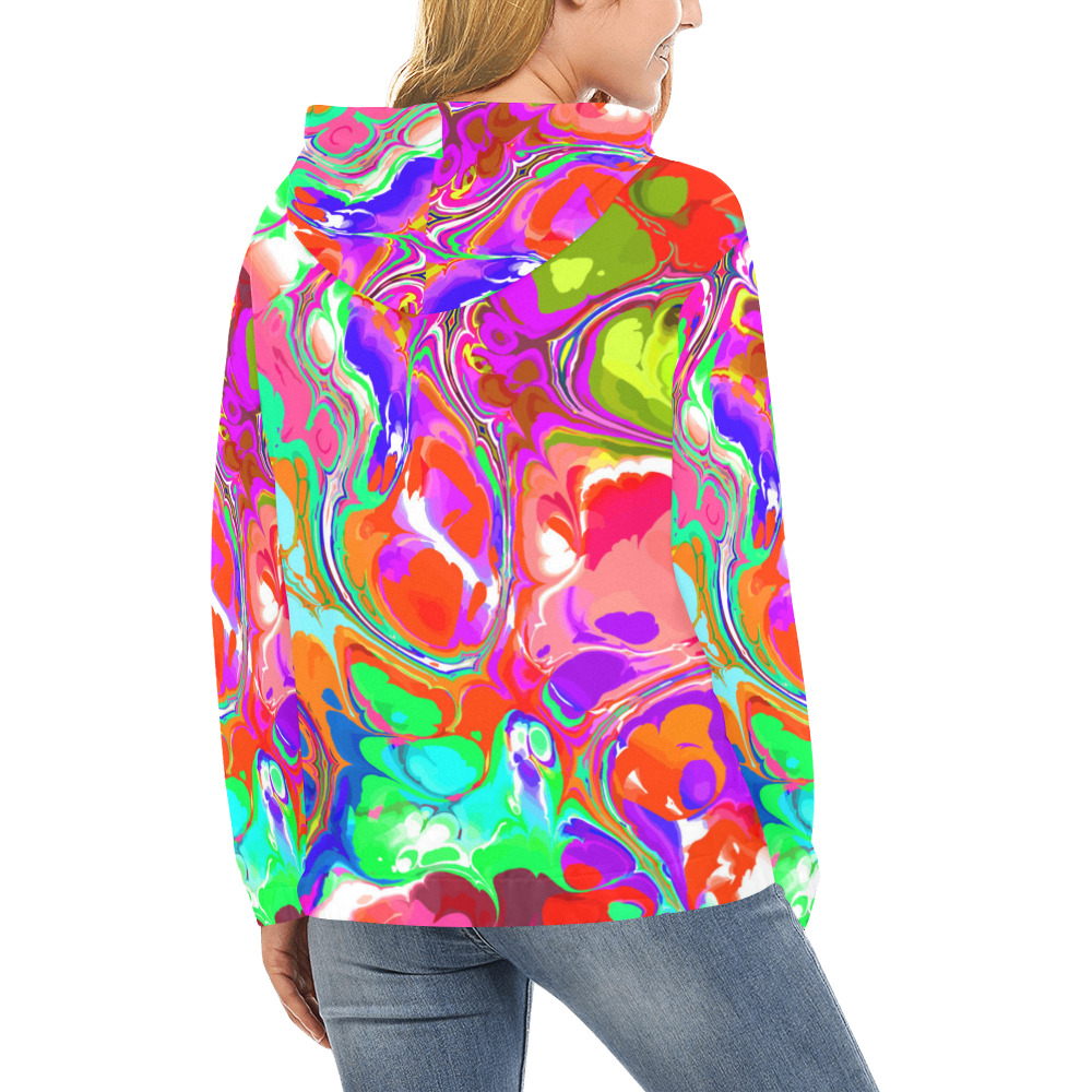 Psychedelic Abstract Marble Artistic Dynamic Paint Art All Over Print Hoodie for Women (USA Size) (Model H13)
