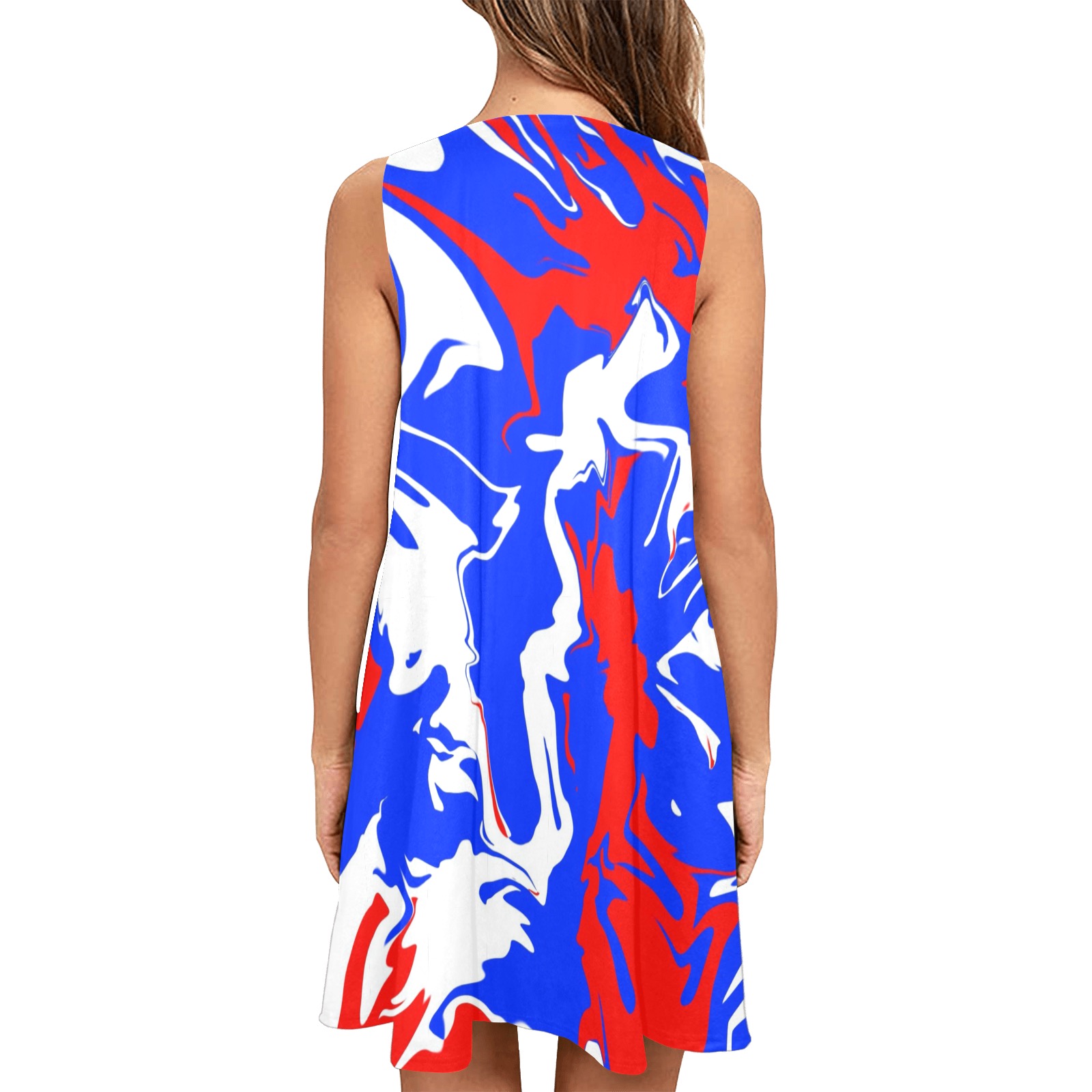 Patriotic Swirls of Red, White and Blue Sleeveless A-Line Pocket Dress (Model D57)