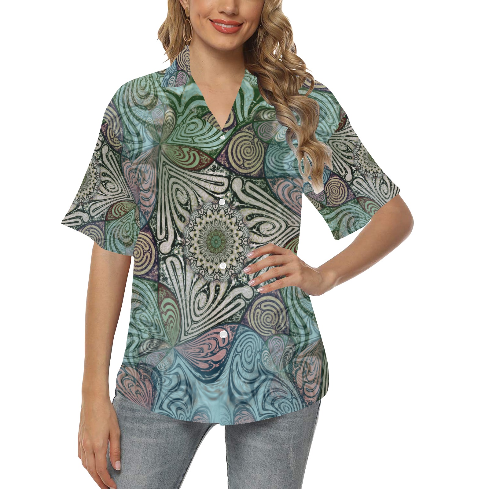 Abstract Labyrinth Mandala Blue Green Grey All Over Print Hawaiian Shirt for Women (Model T58)