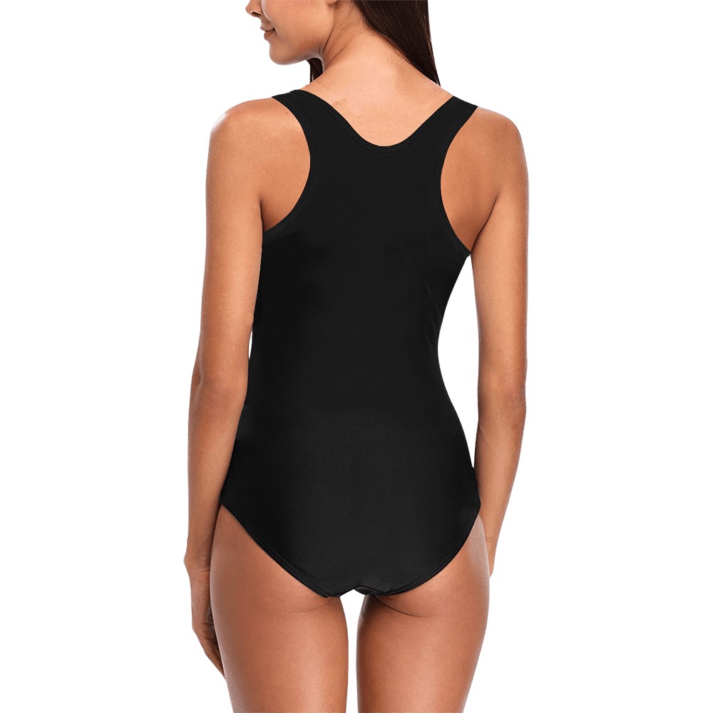 White Daisies With Green Leaves on Black Vest One Piece Swimsuit (Model S04)