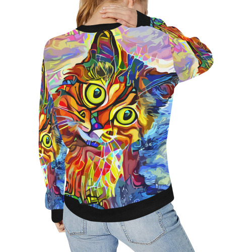 Abstract Cat Face Artistic Pet Portrait Painting Women's Rib Cuff Crew Neck Sweatshirt (Model H34)