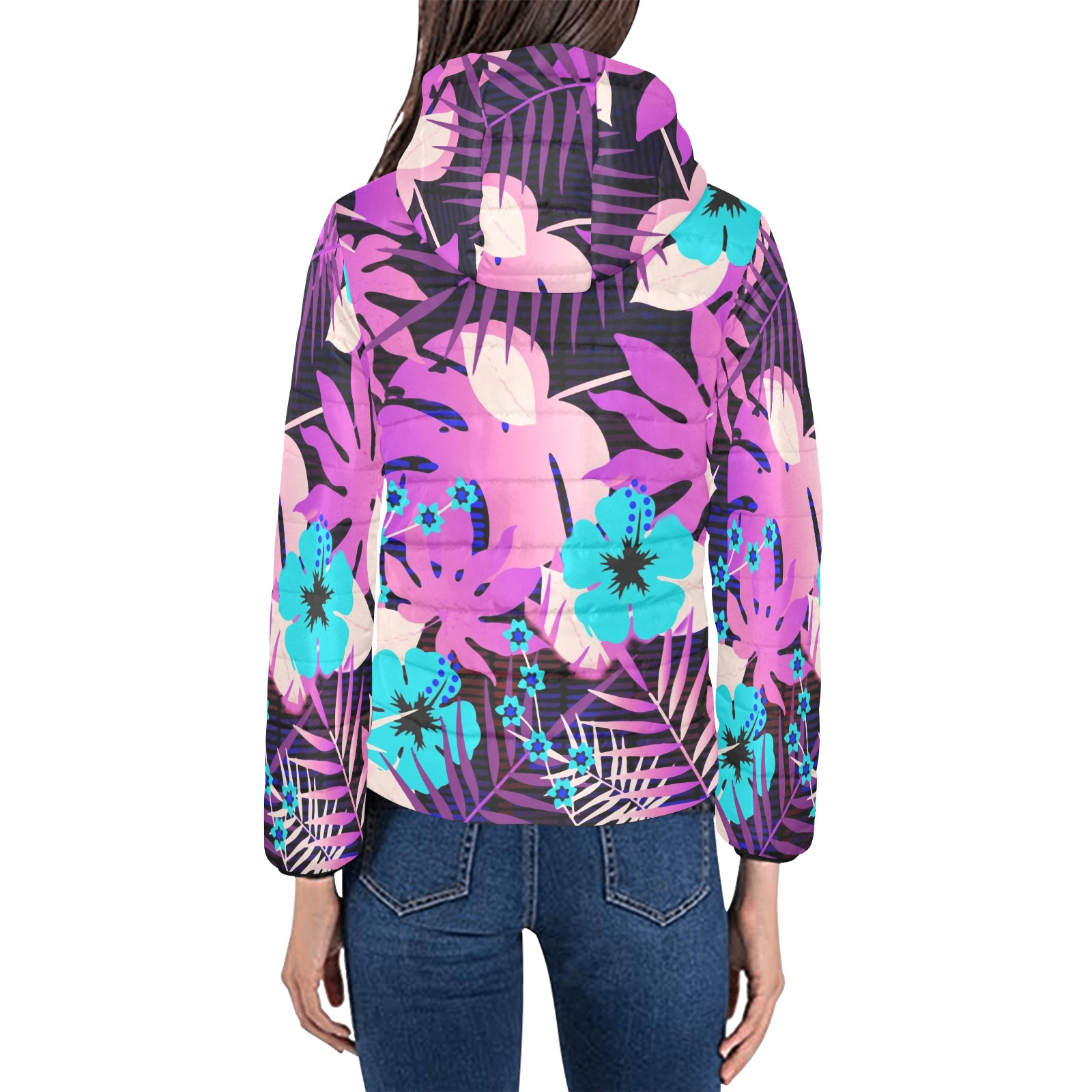 GROOVY FUNK THING FLORAL PURPLE Women's Padded Hooded Jacket (Model H46)