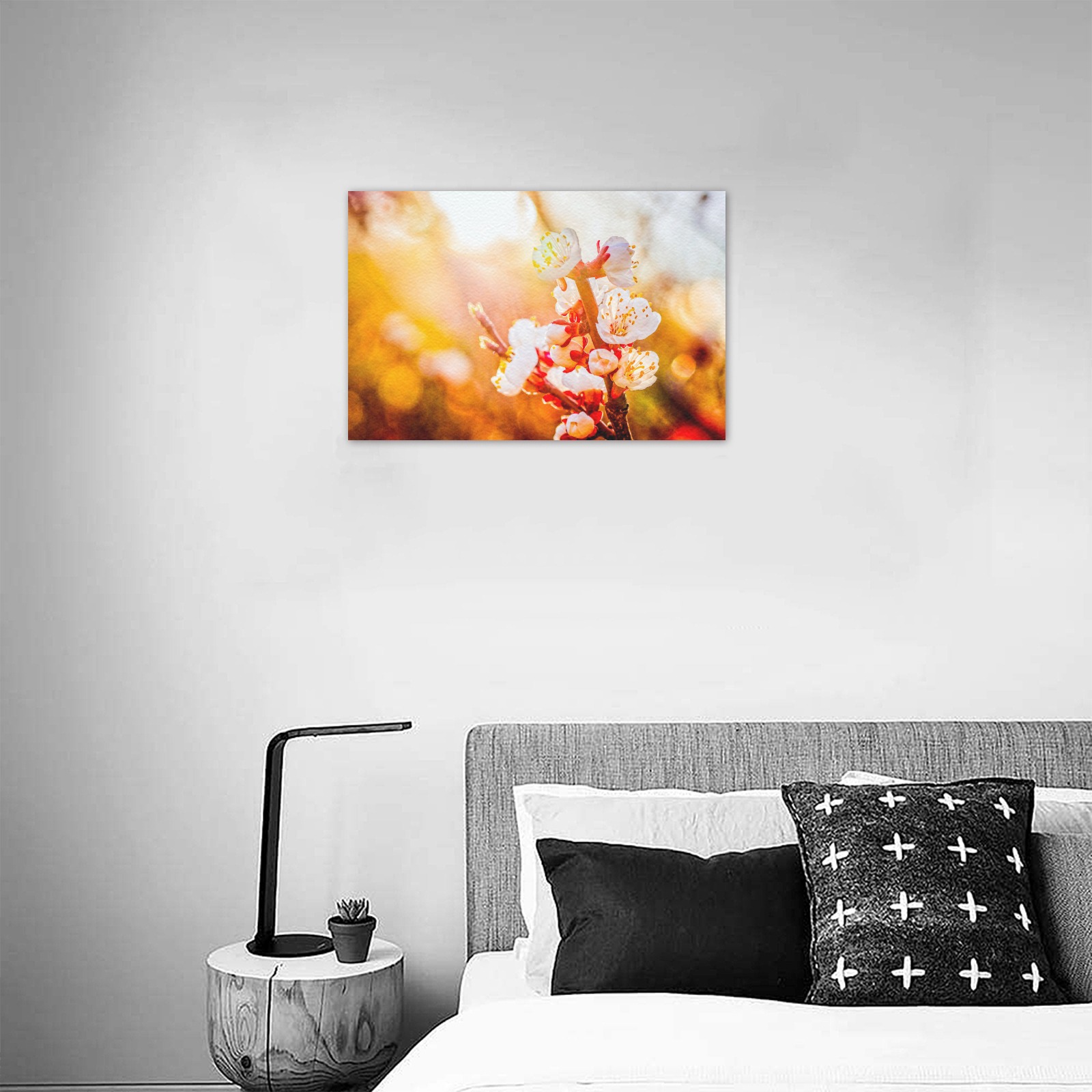 Japanese apricot flowers in the light of sunset. Upgraded Canvas Print 18"x12"