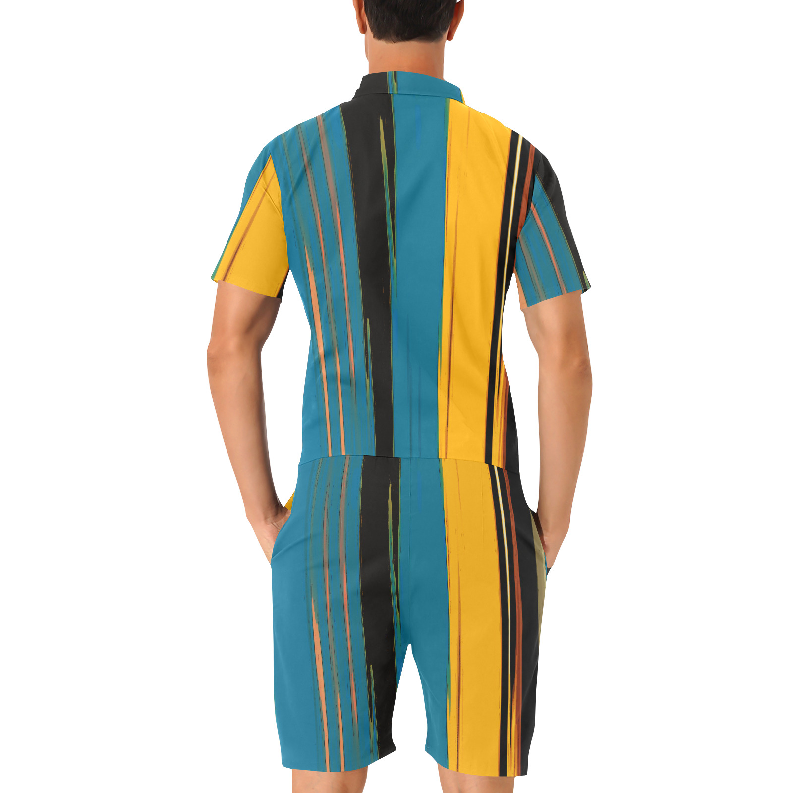 Black Turquoise And Orange Go! Abstract Art Men's Short Sleeve Jumpsuit