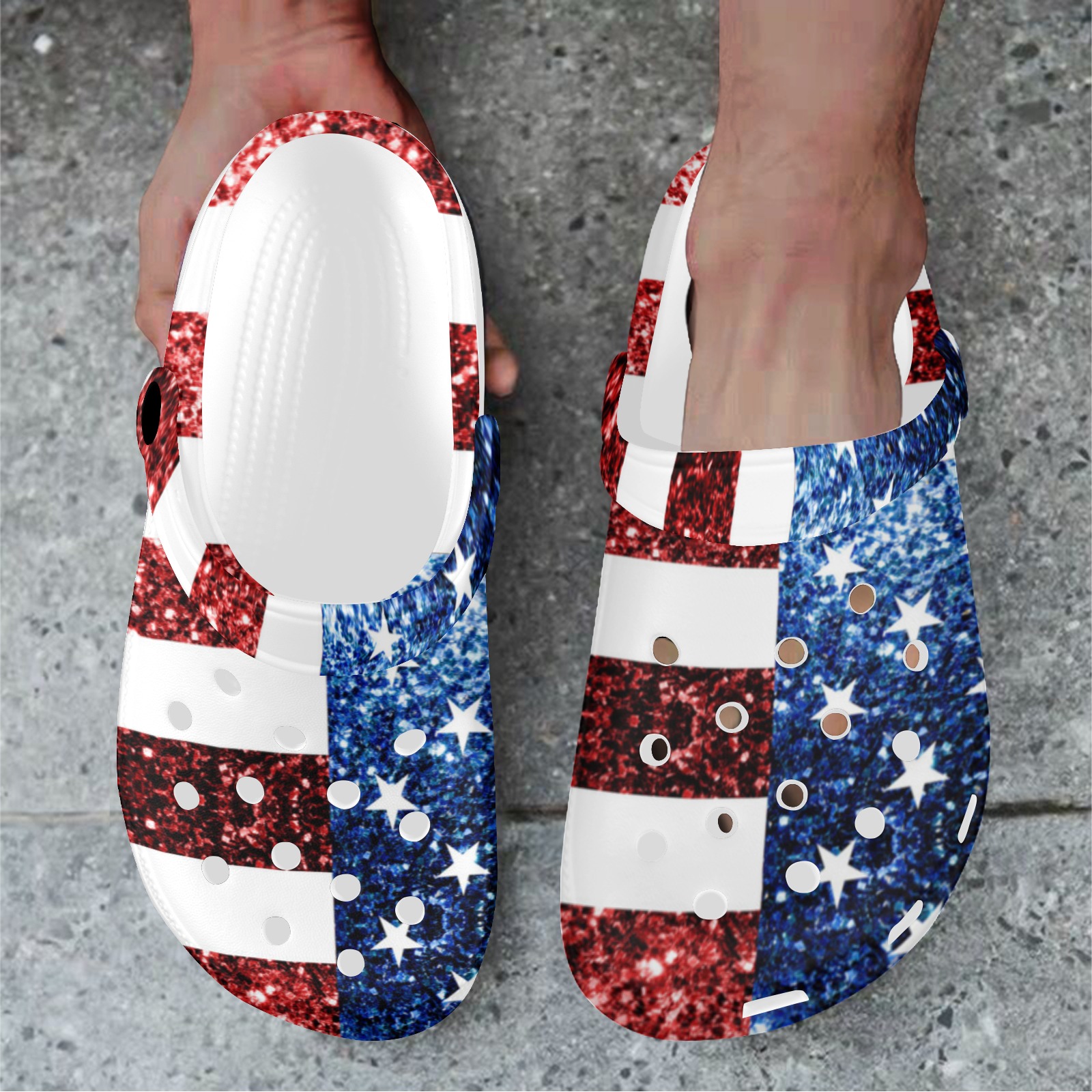 Sparkly USA flag America Red White Blue faux Sparkles patriotic bling 4th of July Custom Print Foam Clogs for Adults