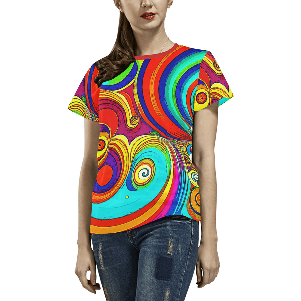 Colorful Groovy Rainbow Swirls All Over Print T-Shirt for Women (USA Size) (Model T40)