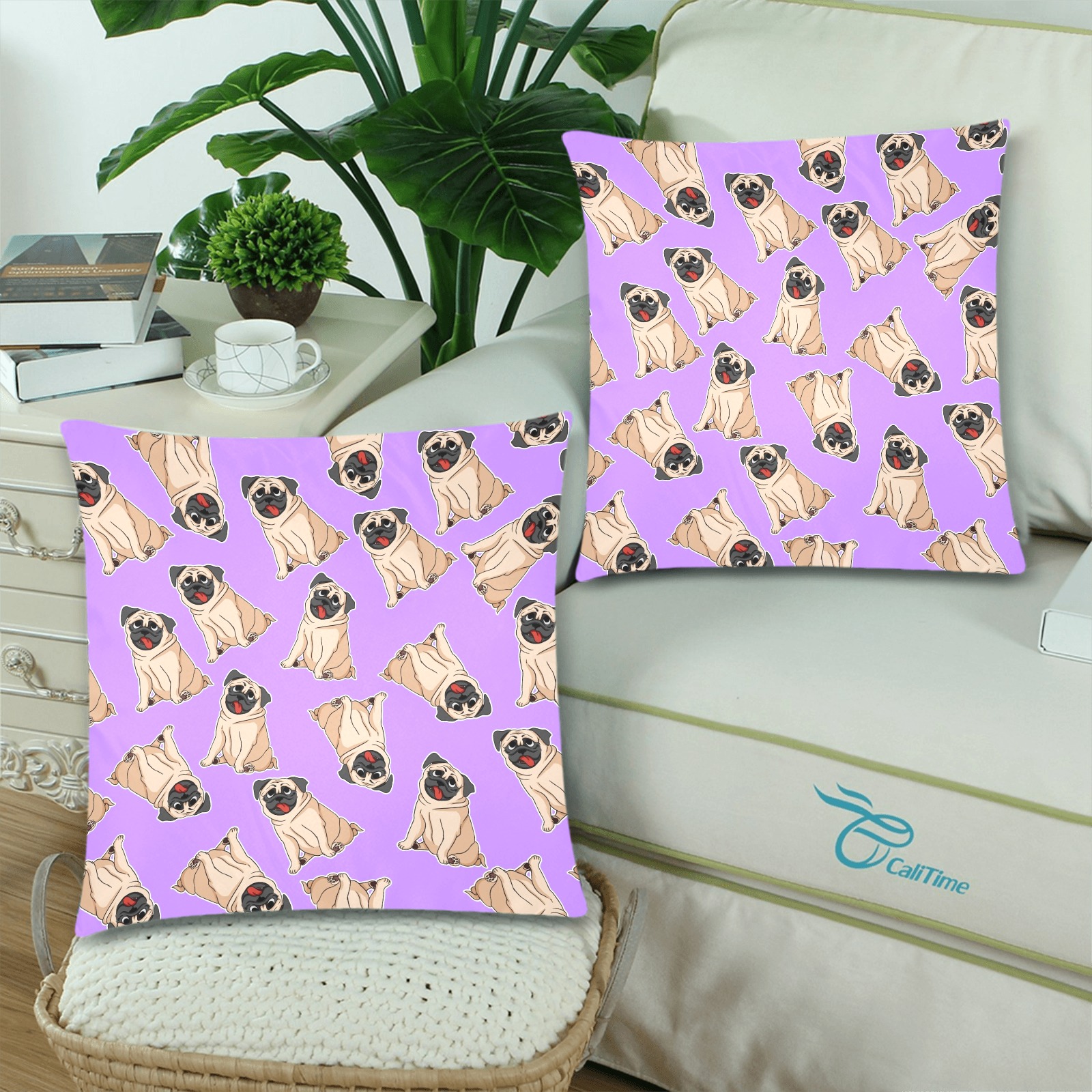 Pugs on Lavender Custom Zippered Pillow Cases 18"x 18" (Twin Sides) (Set of 2)