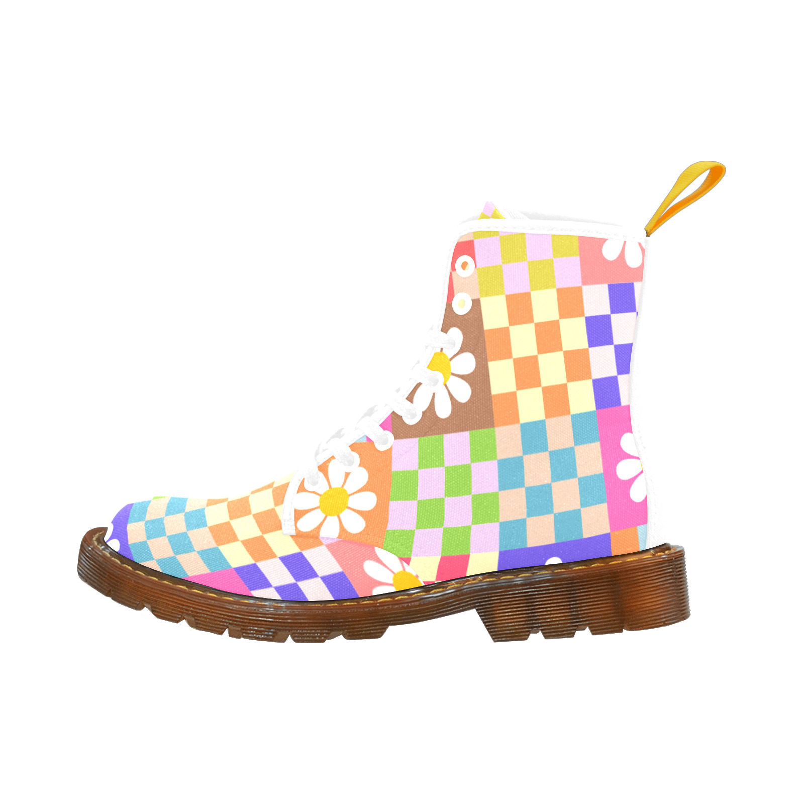 Mid Century Geometric Checkered Retro Floral Daisy Flower Pattern Martin Boots For Women Model 1203H