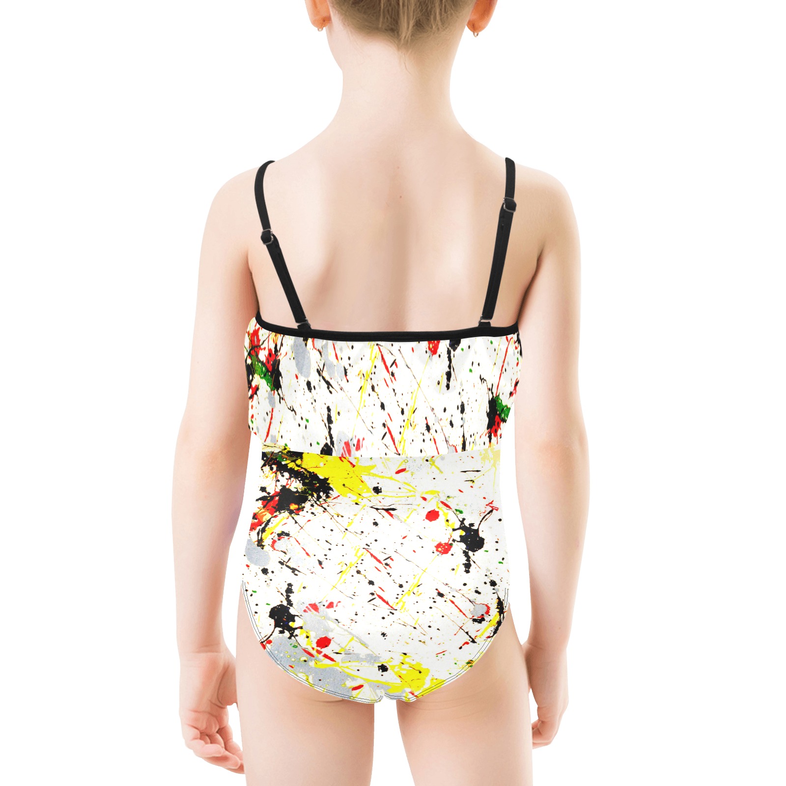 Yellow & Black Paint Splatter Kids' Spaghetti Strap Ruffle Swimsuit (Model S26)