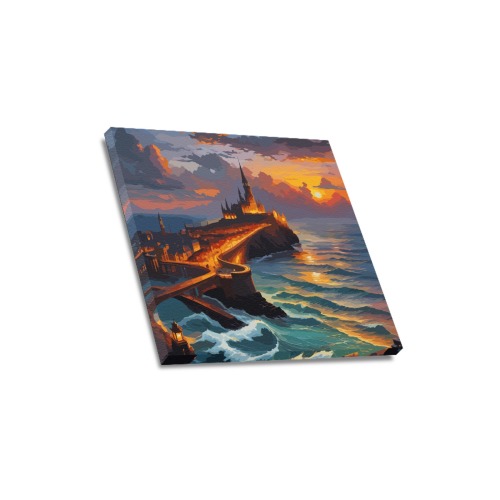 Dark fantasy city by the ocean at sunset cool art. Upgraded Canvas Print 16"x16"