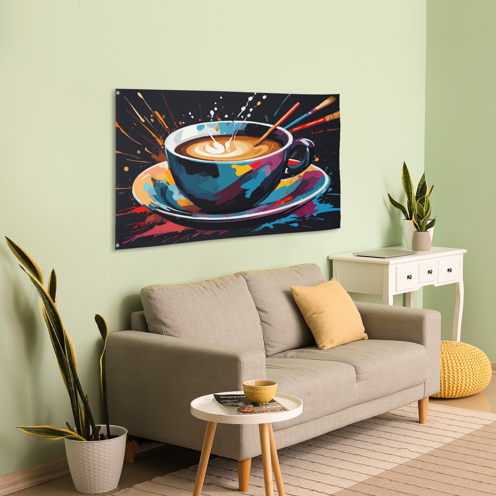 The art of coffee. A colorful cup and brushes House Flag 56"x34.5"